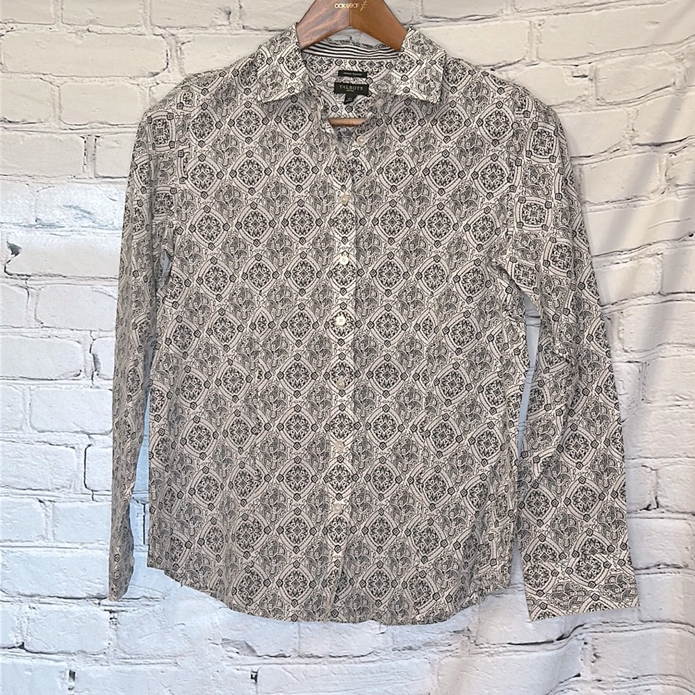 Talbots Black White Button Down Long Sleeve Blouse Size 6 Petite